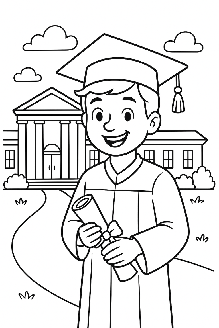 Graduation coloring page with child in cap and gown