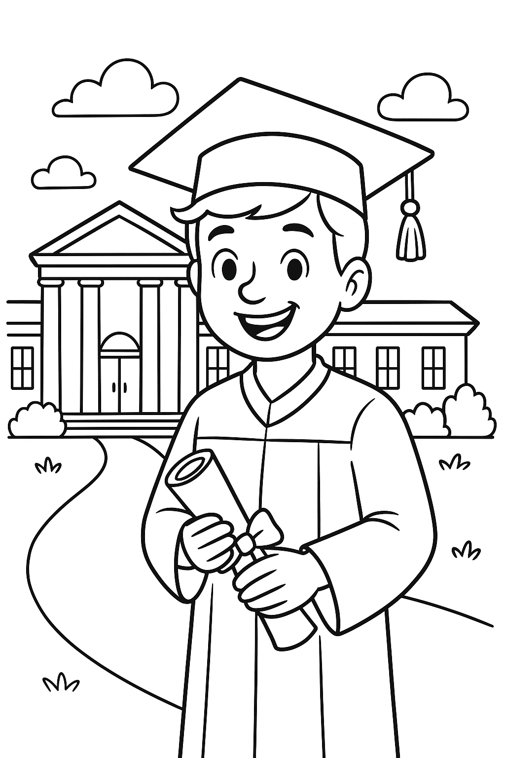 Graduation coloring page with child in cap and gown