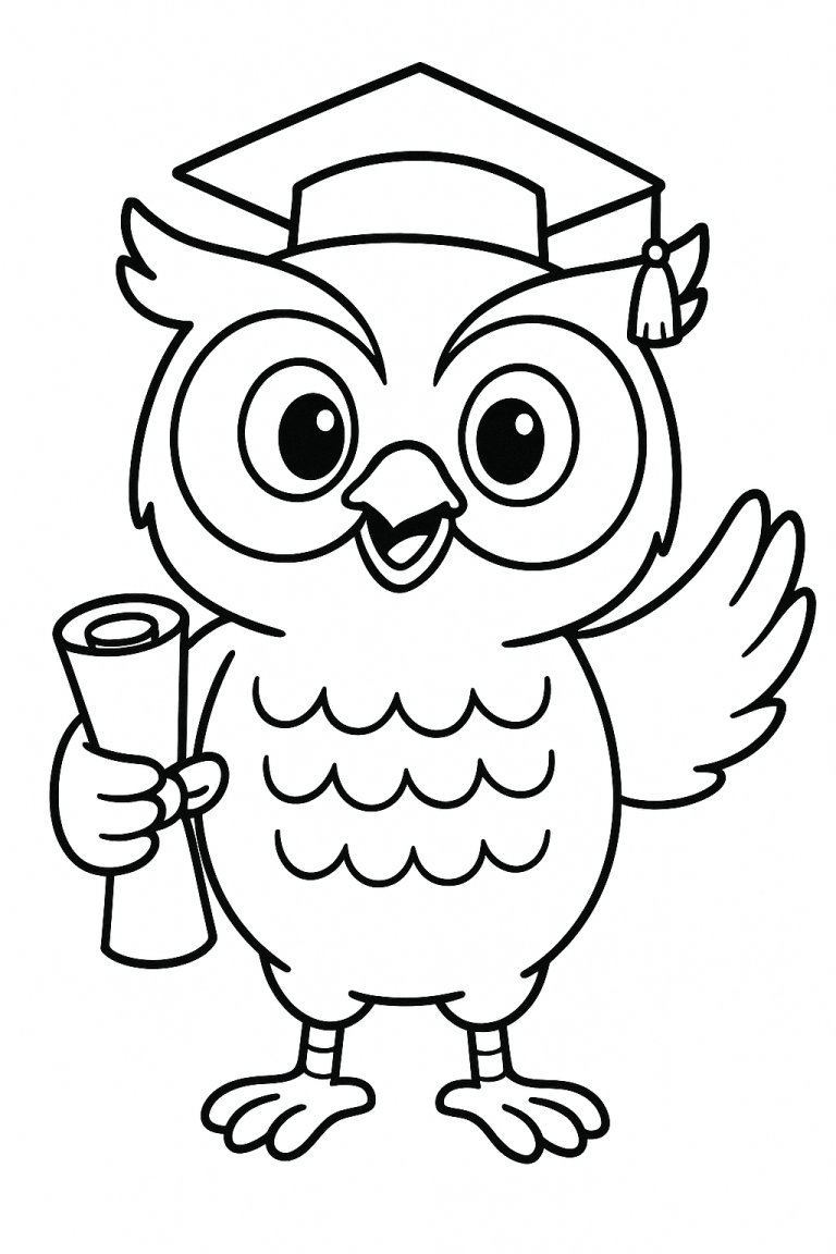 Coloring page of a graduation owl holding a diploma.