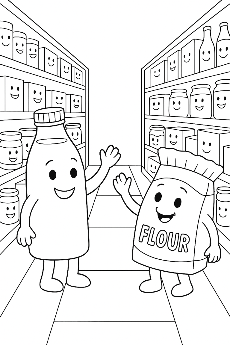 Grocery items with faces waving in a supermarket aisle