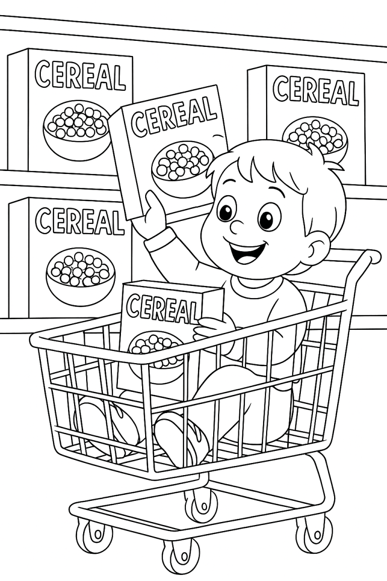 Child on a shopping cart selecting cereal in a store
