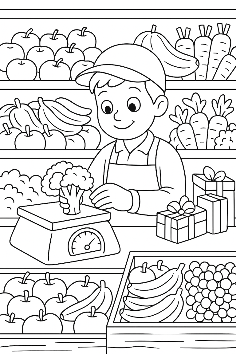 Child weighing broccoli at a grocery store with fruits and vegetables around.