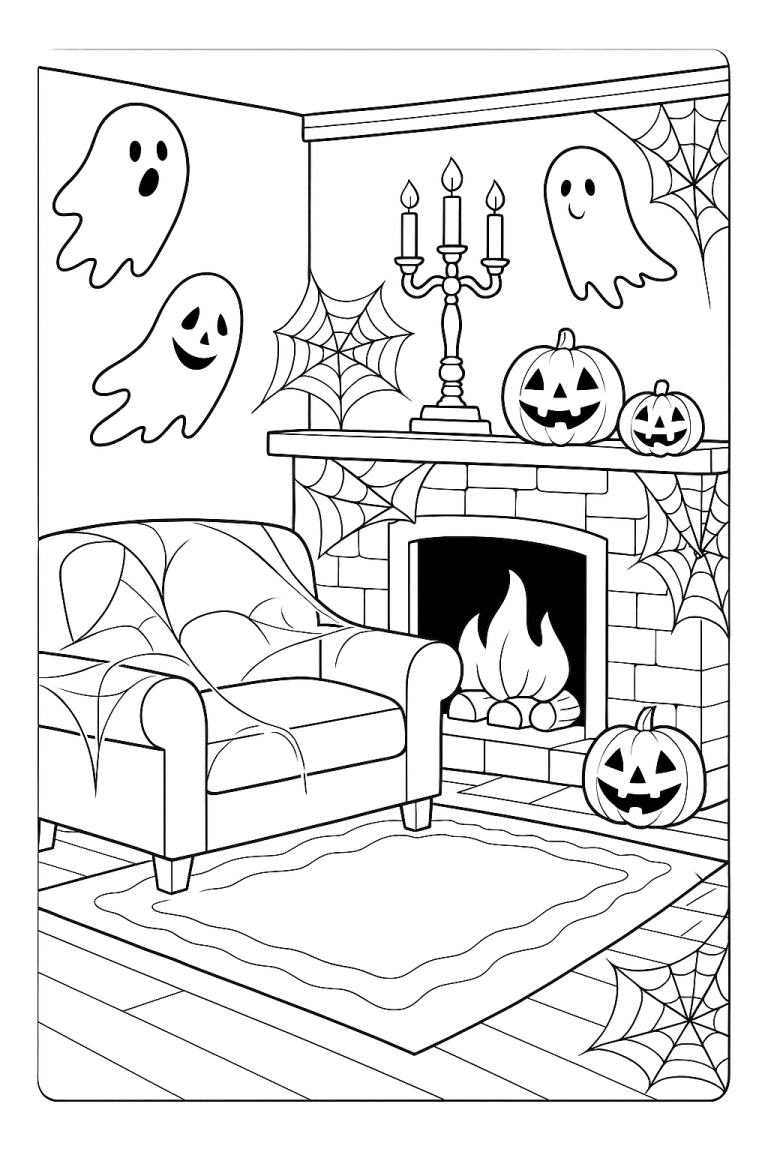 A Halloween-themed coloring page with ghosts and pumpkins.