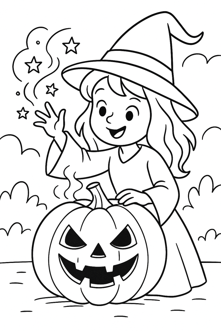 Young witch with jack-o'-lantern coloring page
