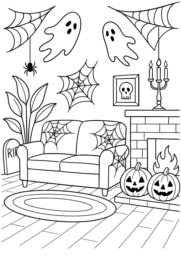 Halloween-themed coloring page with ghosts and pumpkins