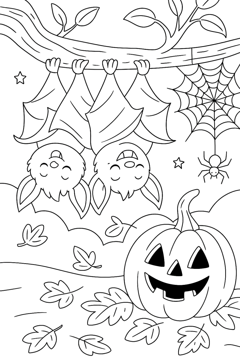 Halloween coloring page with bats, pumpkin, and spider