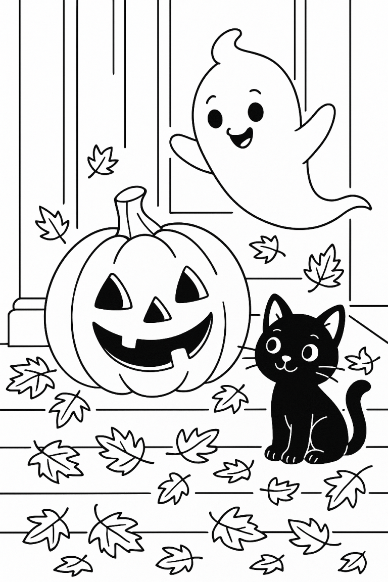 Halloween coloring page with ghost, pumpkin, and cat
