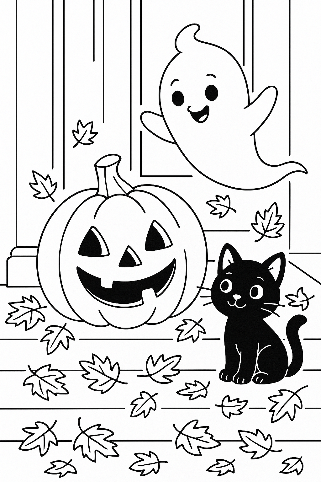 Halloween coloring page with ghost, pumpkin, and cat