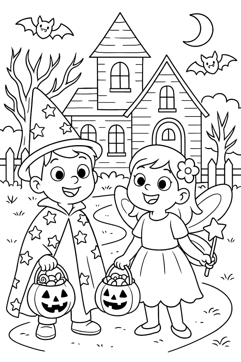 Children in Halloween costumes with pumpkins and a spooky house
