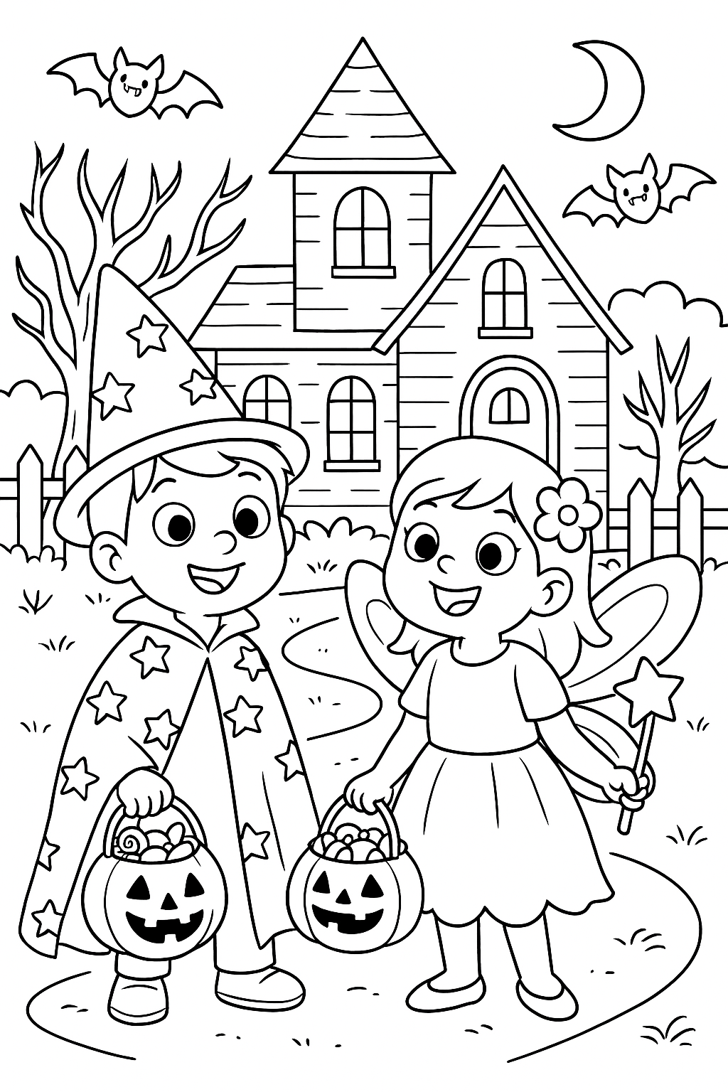 Children in Halloween costumes with pumpkins and a spooky house