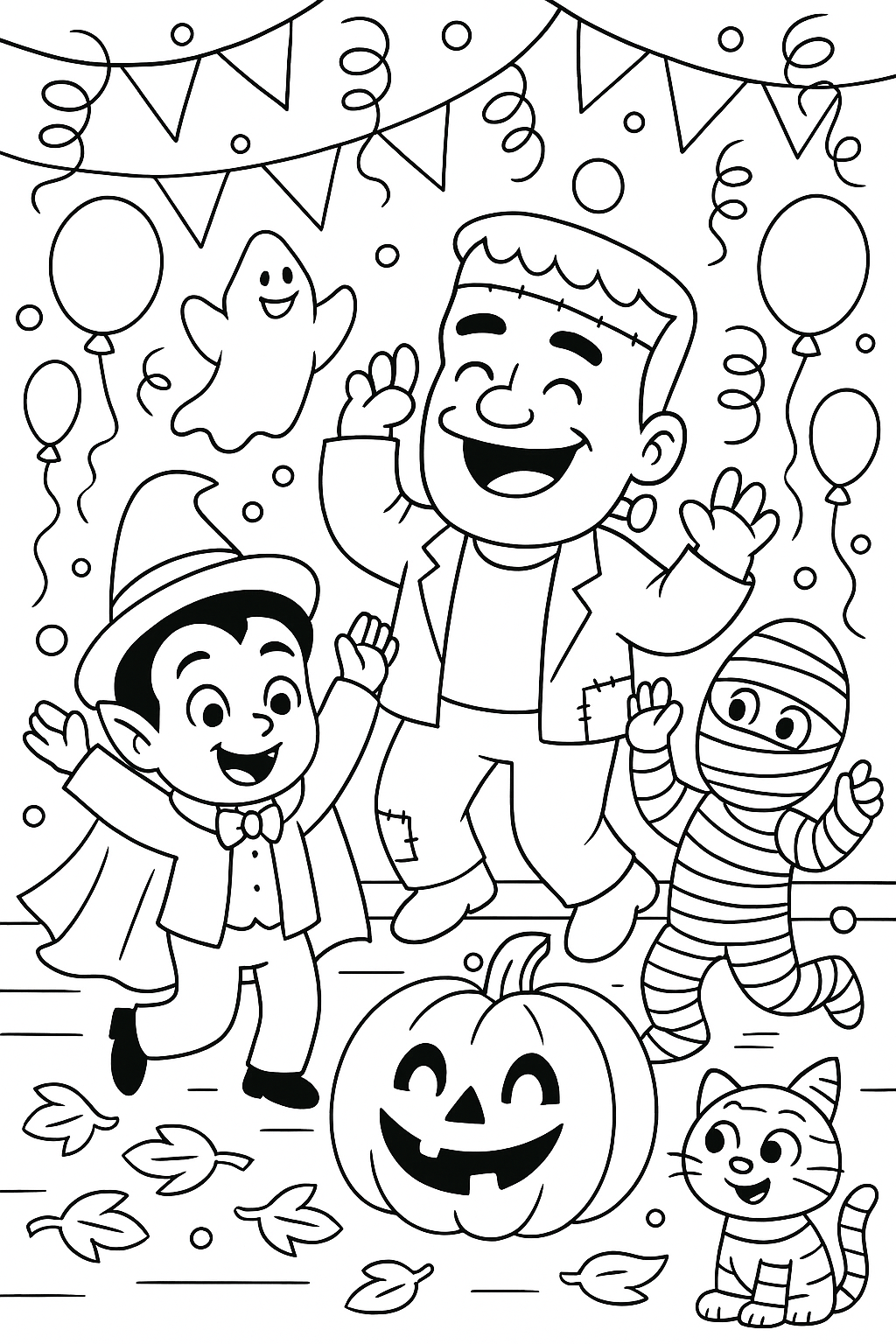 Children's Halloween coloring page with costumes