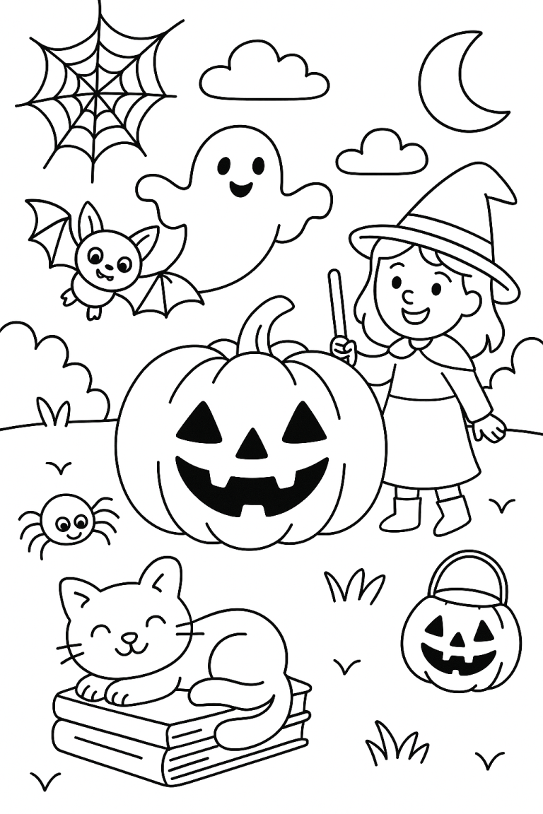 Halloween coloring page with witch, pumpkin, and ghost