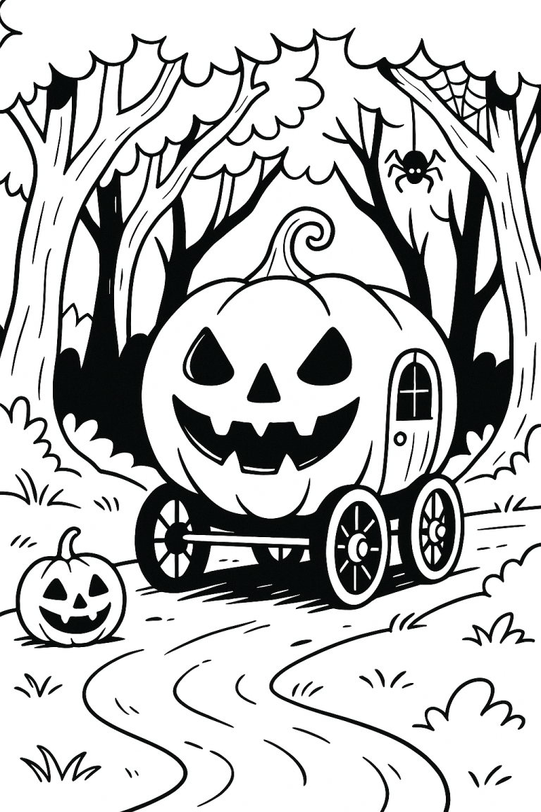 Halloween pumpkin-shaped carriage in a forest with spider