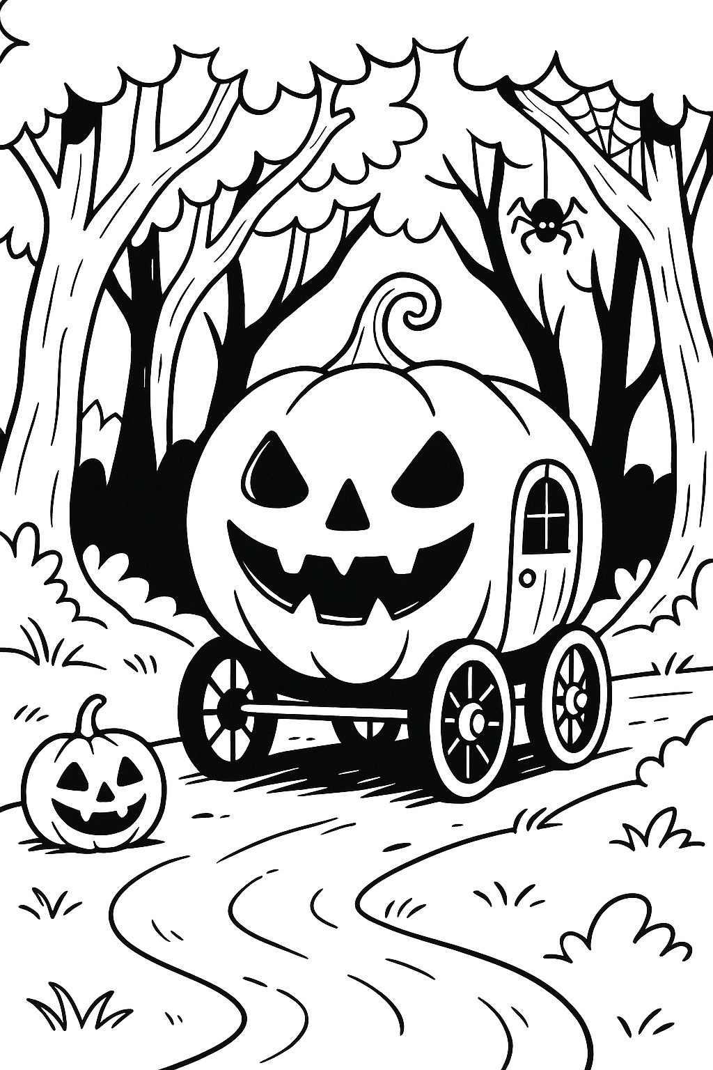 Halloween pumpkin-shaped carriage in a forest with spider