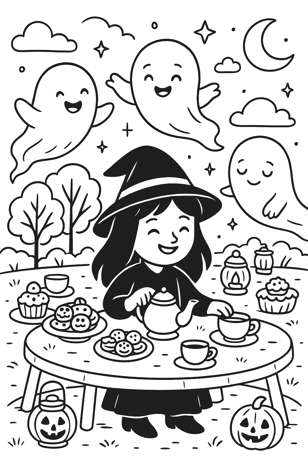 Halloween tea party scene with witch and ghosts