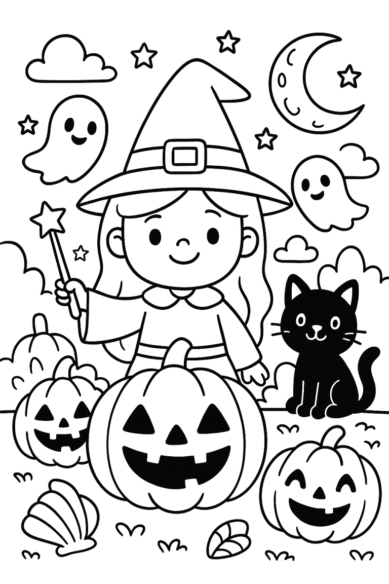 Cute Halloween witch with pumpkins and a cat