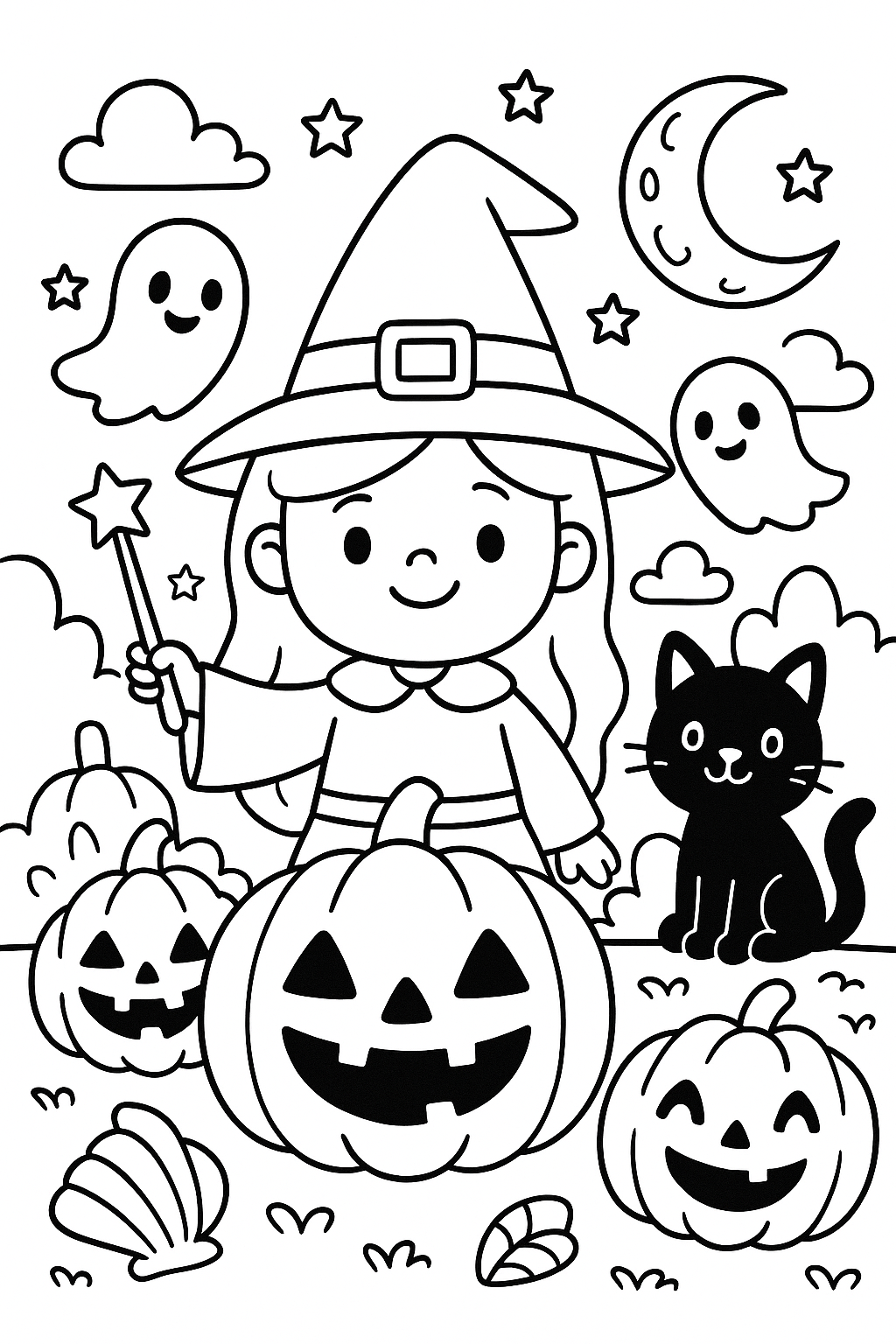 Cute Halloween witch with pumpkins and a cat