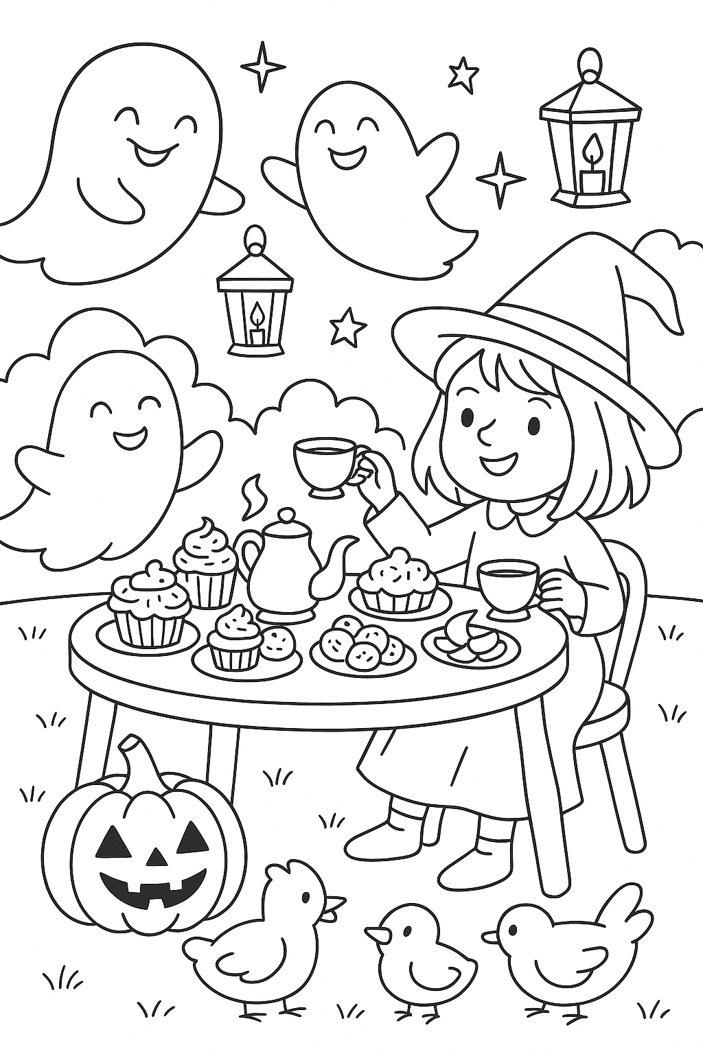 Coloring page of a Halloween witch with ghosts