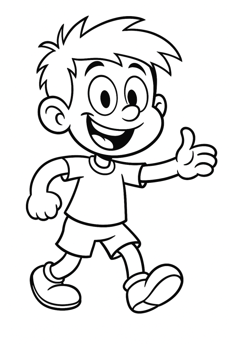 Coloring page of a happy boy giving a thumbs up
