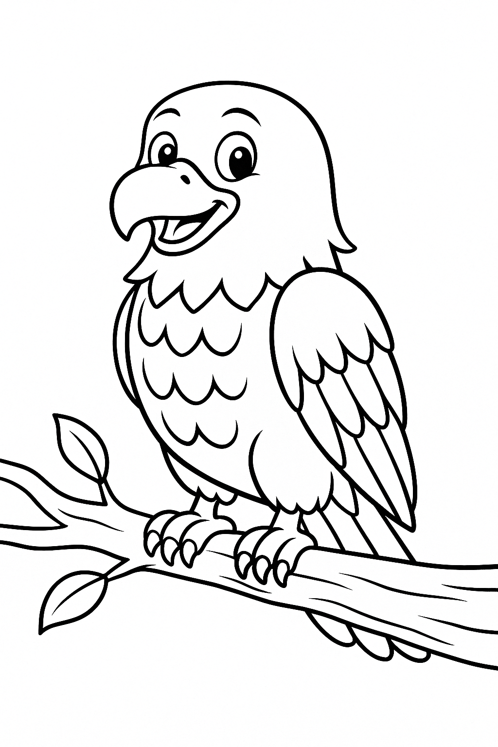 Happy cartoon bird on a branch coloring page