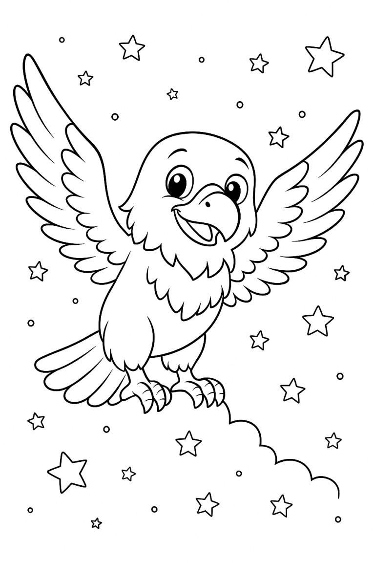 Happy cartoon bird with stars coloring page