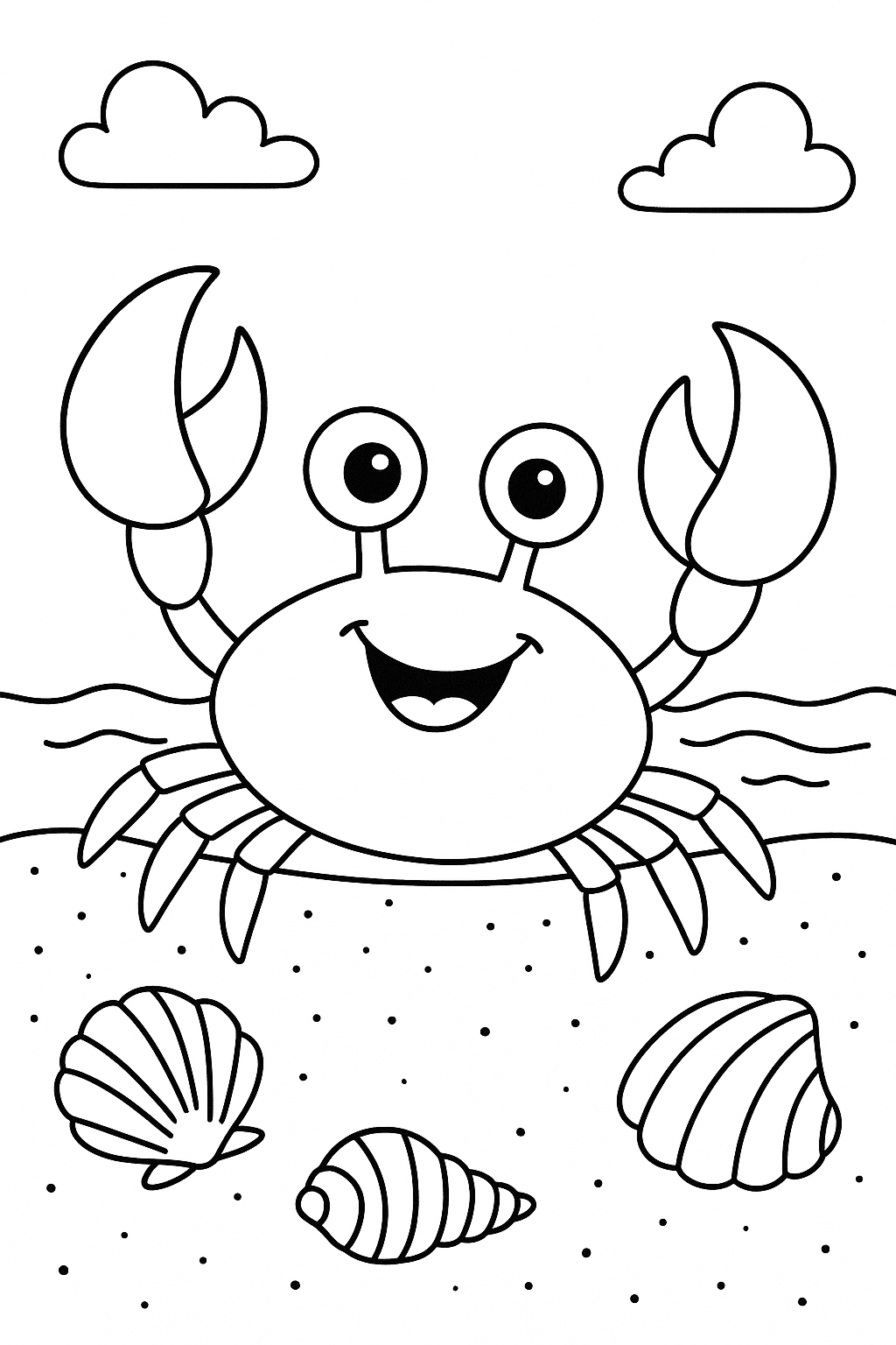 Happy crab and seashells coloring page