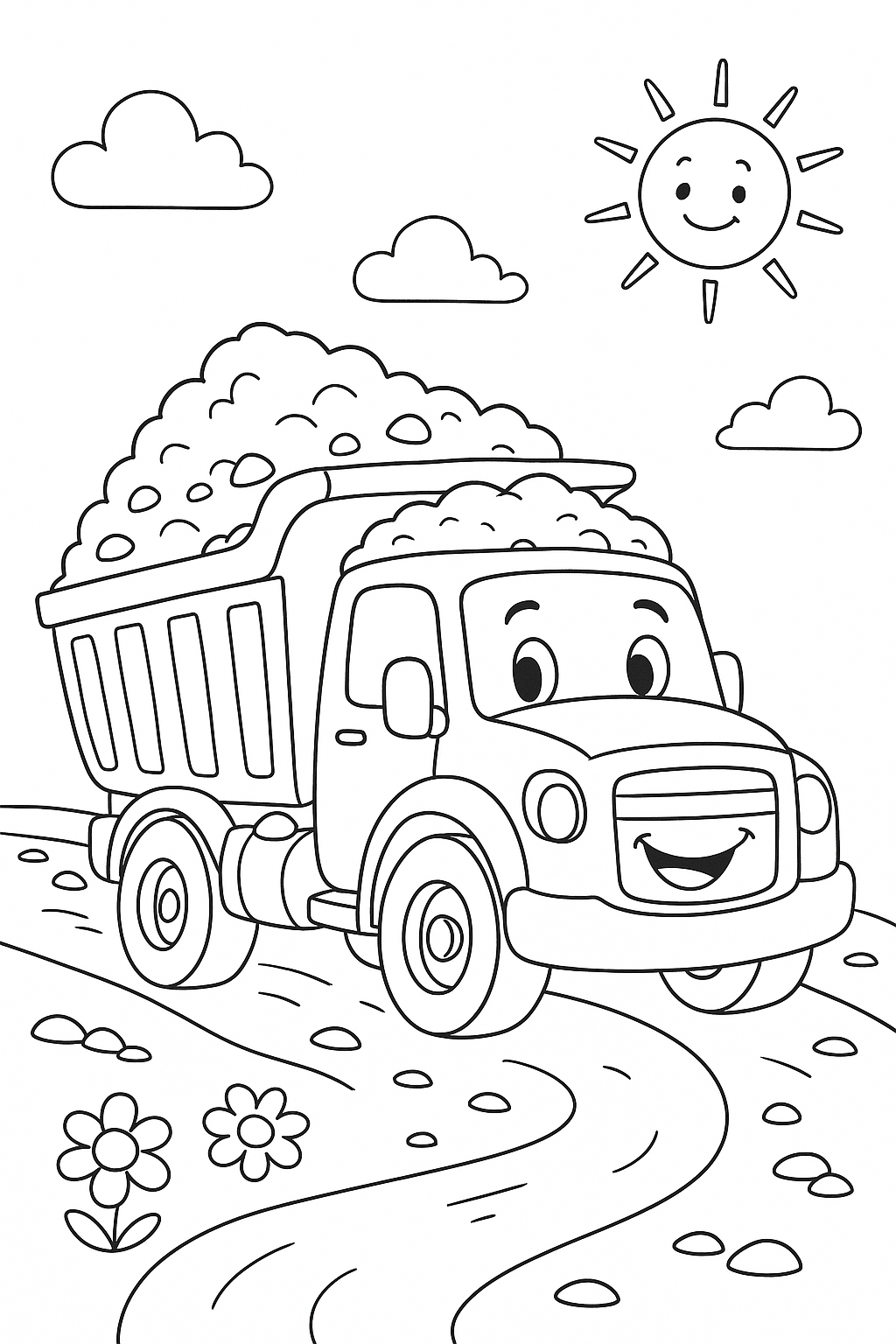 A happy dump truck coloring page for kids.
