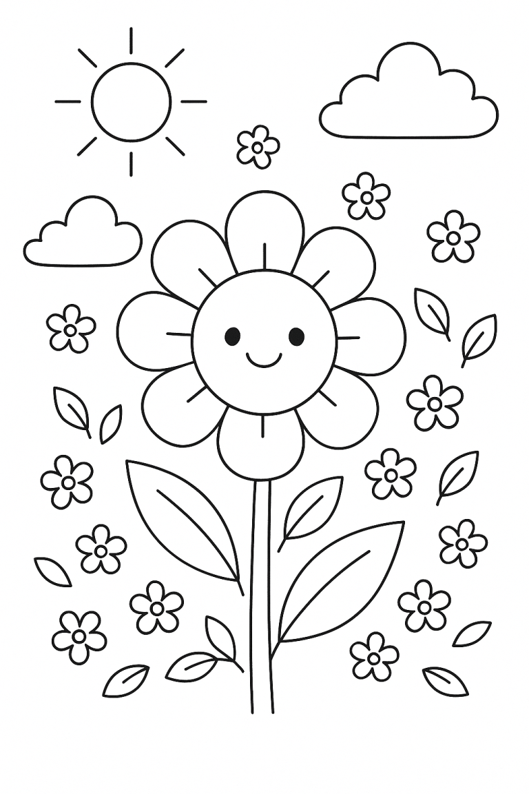 A happy flower coloring page with a smiling flower surrounded by smaller flowers, sun, and clouds.