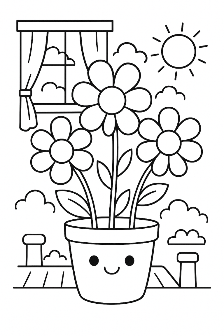 Smiling flower pot on a sunny day coloring page