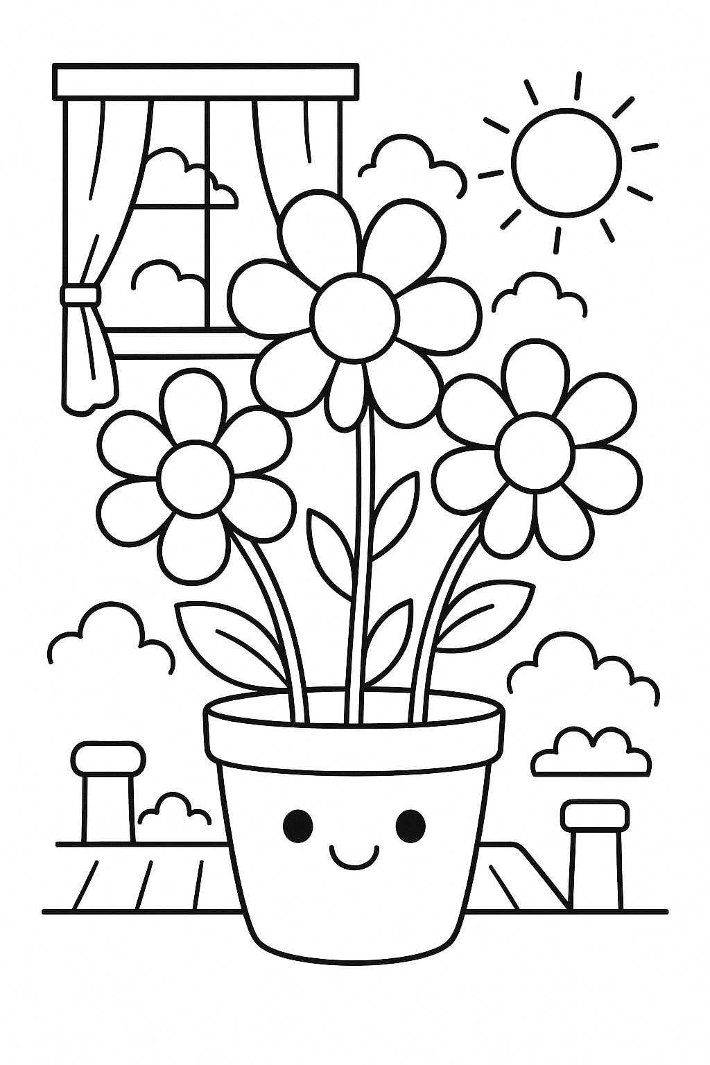 Smiling flower pot on a sunny day coloring page