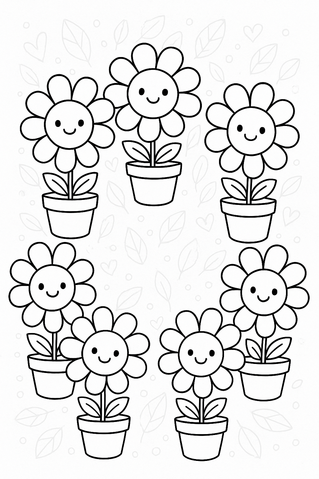 Children's coloring page with happy flowers