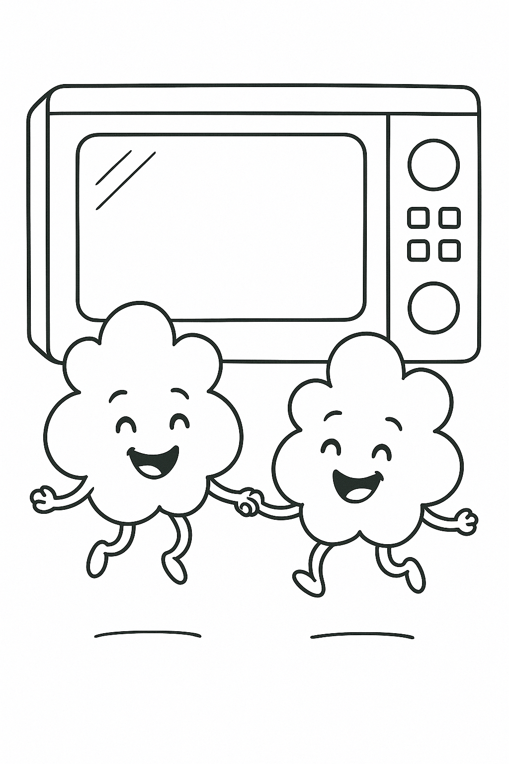 Coloring page with two happy popcorn characters