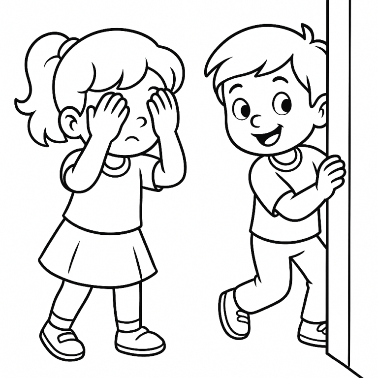Children playing hide and seek coloring page