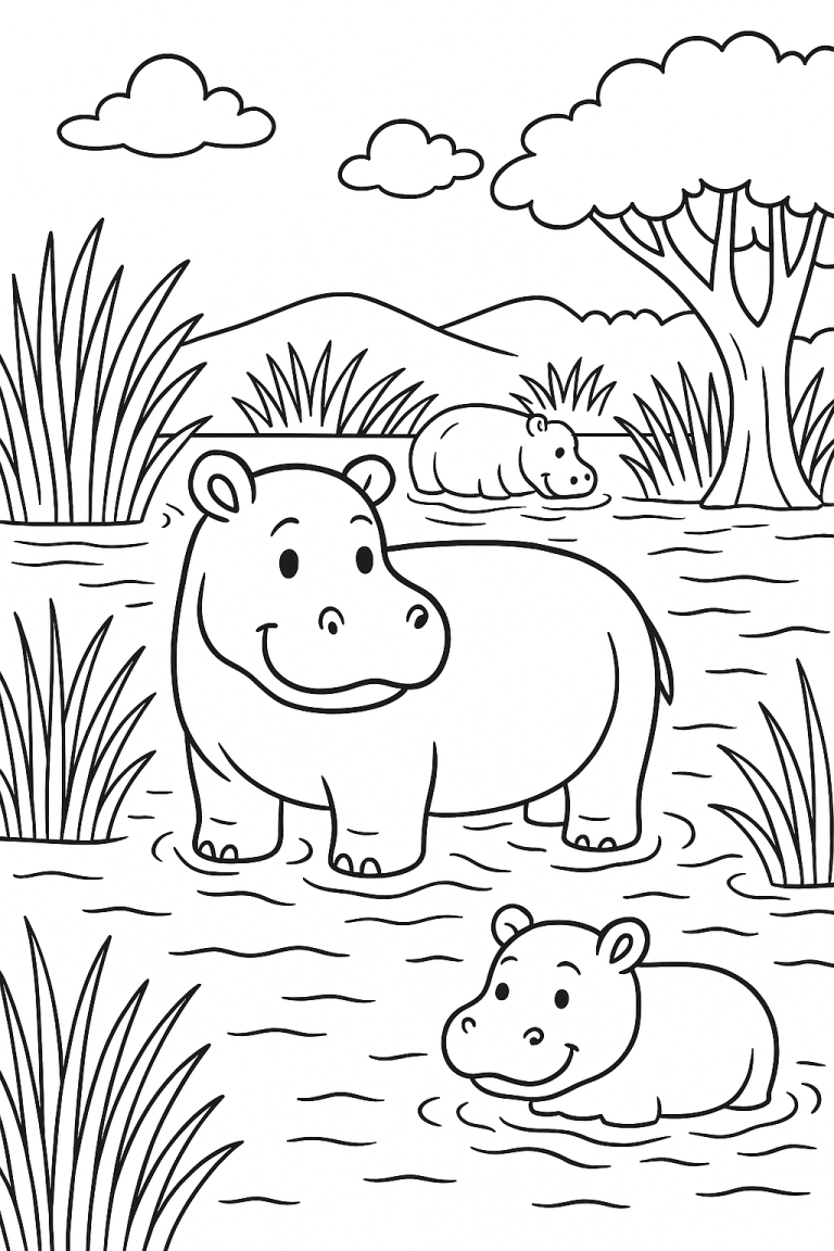 hippos in a water scene coloring page