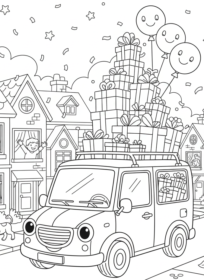 Van with gift boxes and balloons in a holiday scene