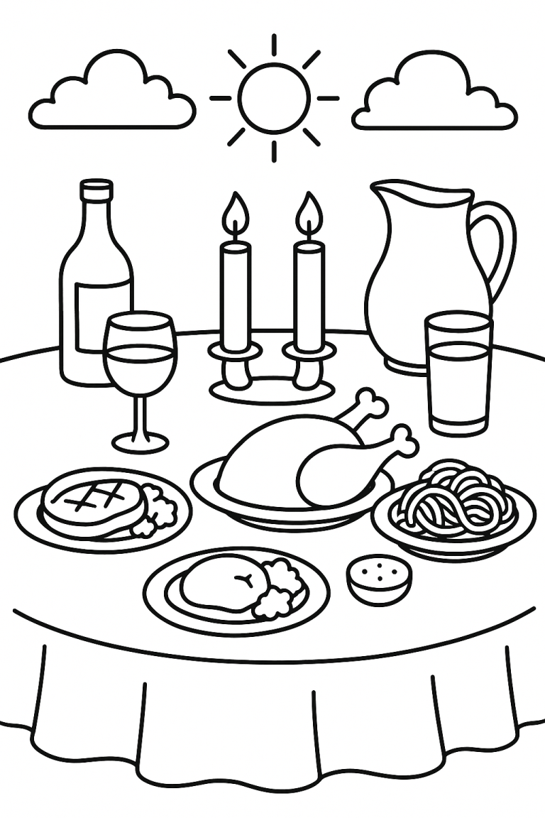 Holiday dinner table coloring page for children