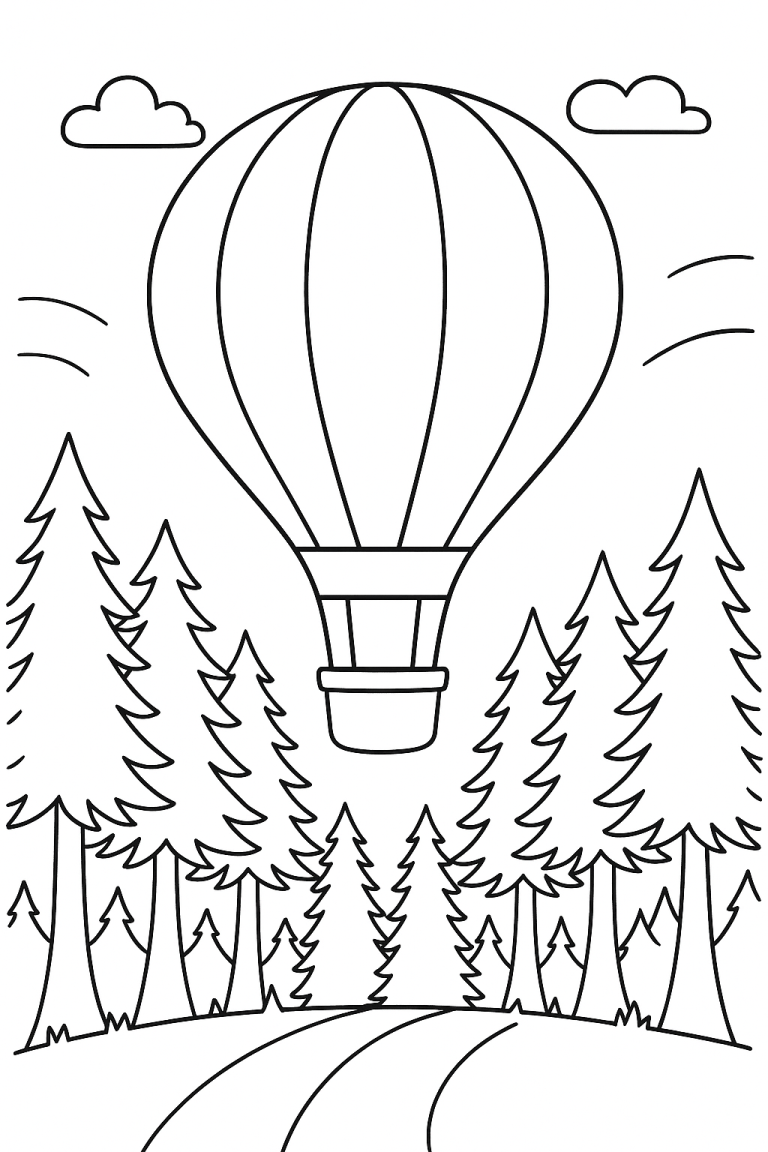Hot air balloon floating over a forest in a coloring page