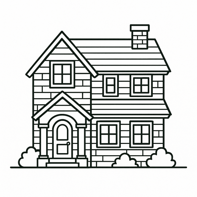 Line drawing of a two-story house coloring page