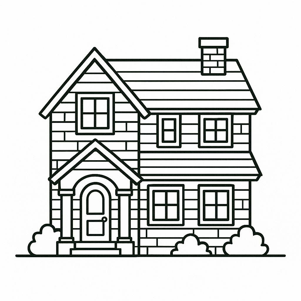 Line drawing of a two-story house coloring page