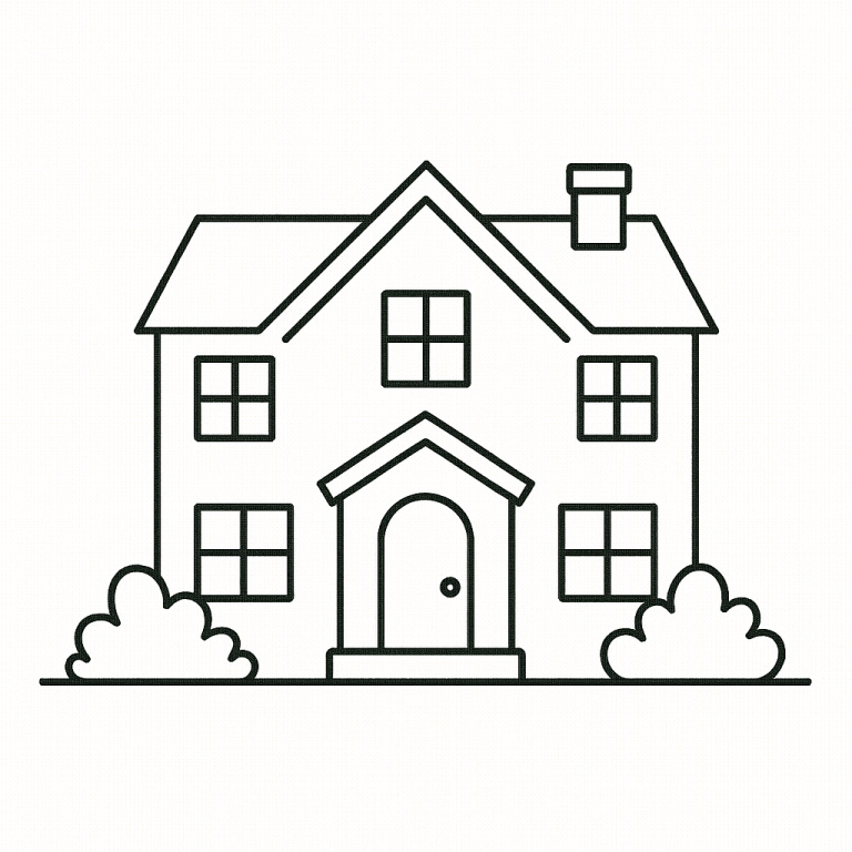 Coloring page featuring a simple house design.