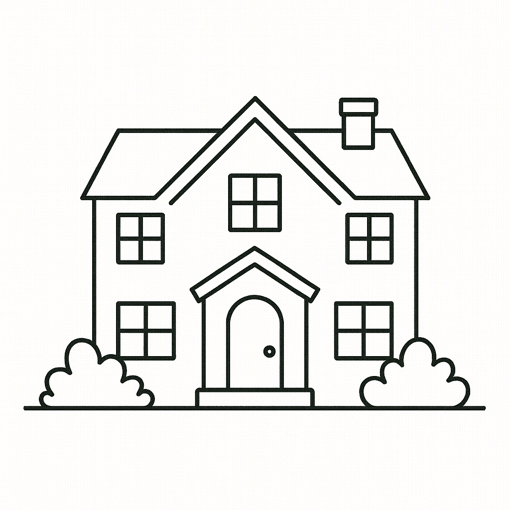 Coloring page featuring a simple house design.