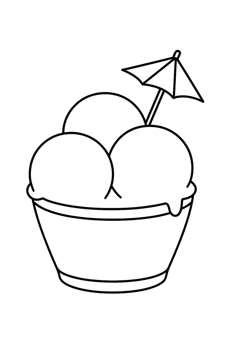 Ice cream coloring page with an umbrella