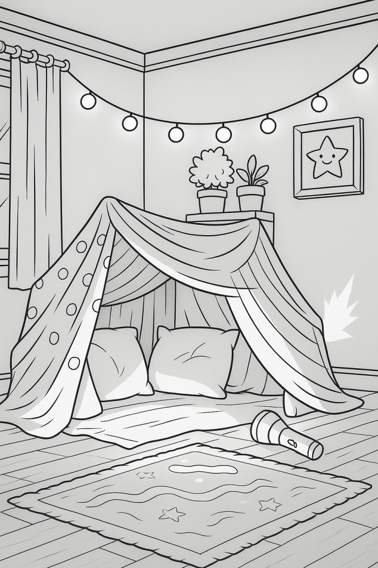 Cozy indoor DIY fort with cushions and string lights.