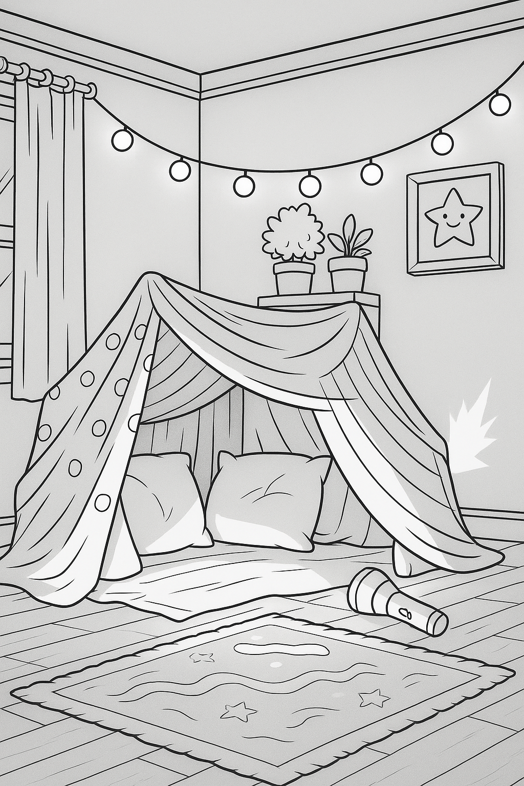 Cozy indoor DIY fort with cushions and string lights.
