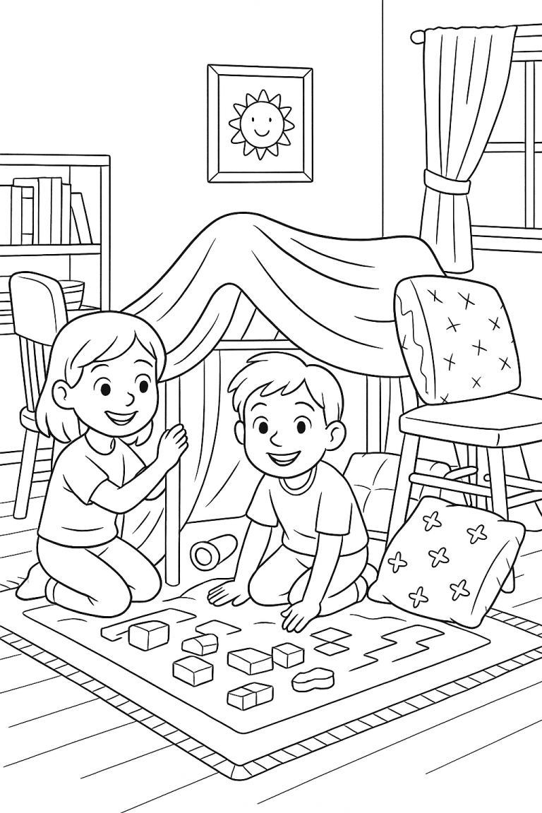 Children playing inside a home-built fort