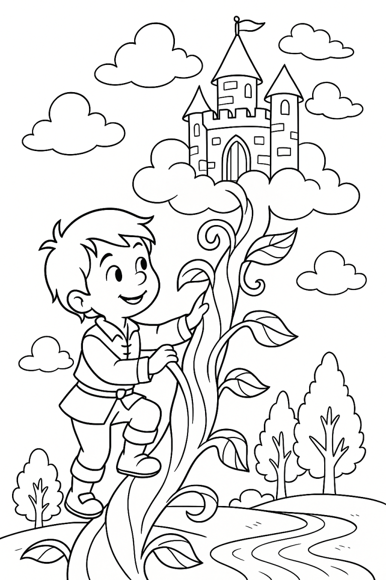 Jack climbing beanstalk to a castle in clouds