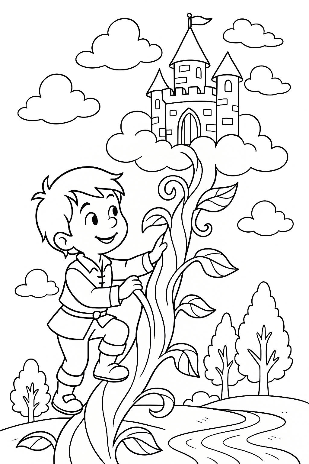 Jack climbing beanstalk to a castle in clouds