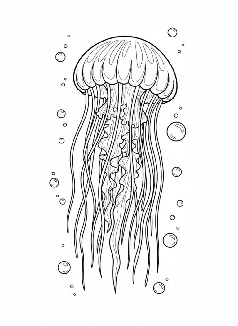 Jellyfish coloring page with bubbles