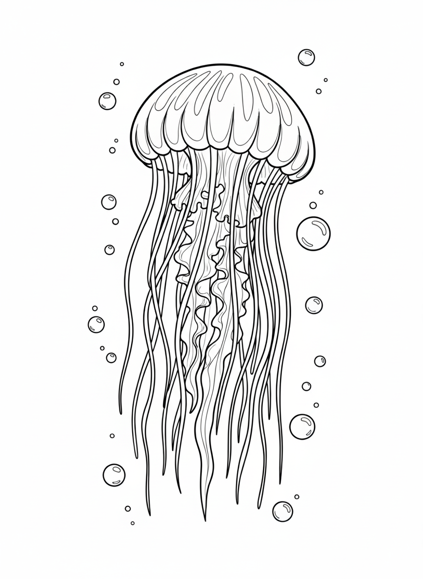 Jellyfish coloring page with bubbles