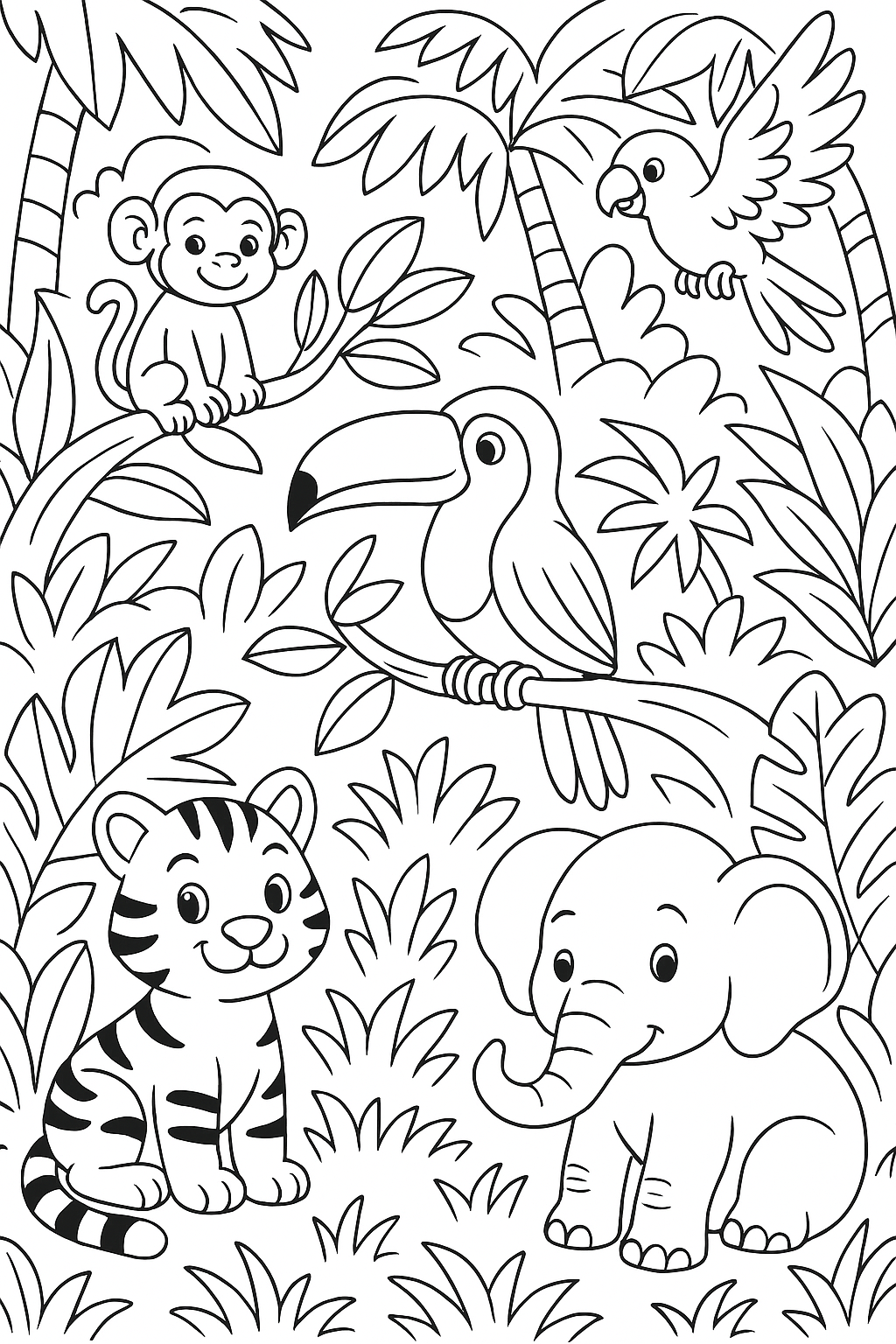 Children's jungle animals coloring page with monkey, elephant, and tiger.